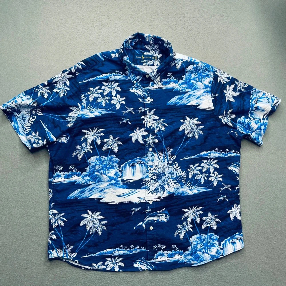 Polo Ralph Lauren Men Shirt Cotton Tropical Island Blue XXL Classic Fit Hawaiian